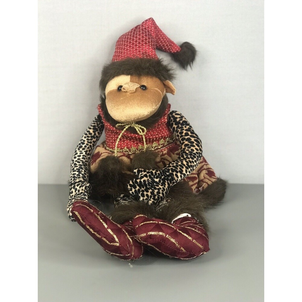 Victorian Christmas Monkey Plush Leopard Print 29"  Dress & Hat Vintage 90s